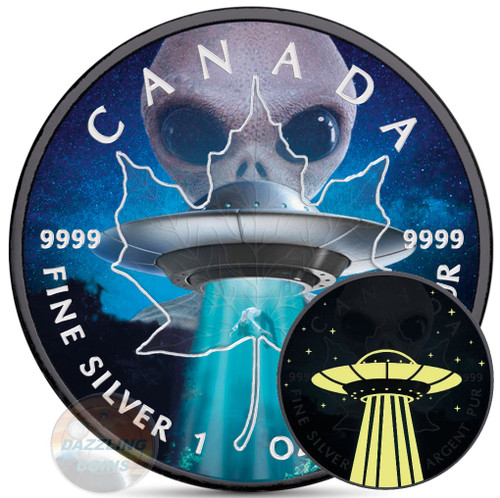 ALIEN & UFO – GLOW IN THE DARK – Maple Leaf 1 oz silver Ruthenium Coin 2018 ALIEN & UFO – GLOW IN THE DARK – Maple Leaf 1 oz silver Ruthenium Coin 2018