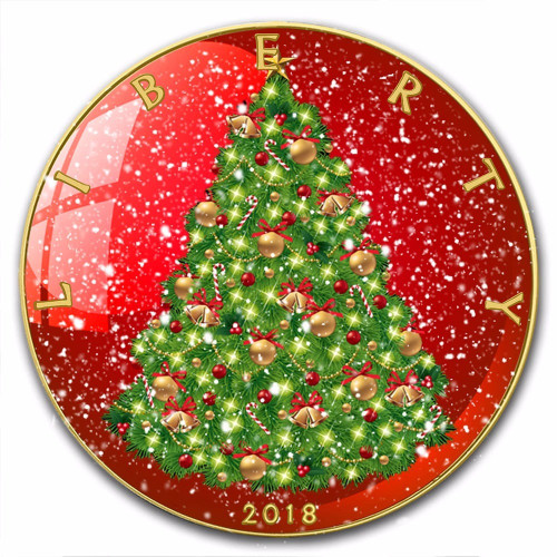 CHRISTMAS TREE Liberty 1 oz Silver 24K Gold Plated Coin 2018 CHRISTMAS TREE Liberty 1 oz Silver 24K Gold Plated Coin 2018