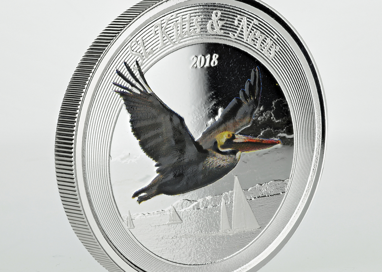 brown pelican 1 oz 999 silver color proof coin st kitts nevis 2018