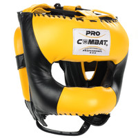 PRO COMBAT Face Saver Leather Boxing Headgear with Nylon Face Bar - Black / Yellow Color PRO COMBAT Face Saver Leather Boxing Headgear with Nylon Face Bar - Black / Yellow Color