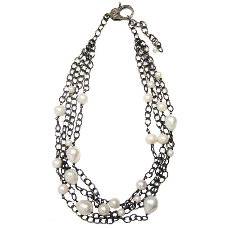 Multi-Strand Pavé Diamond Lock & Baroque Pearl Necklace