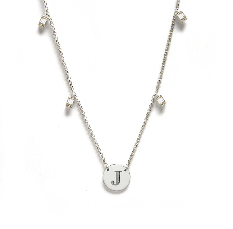 Single Initial Engraved Disc With White Sapphire Baguettes