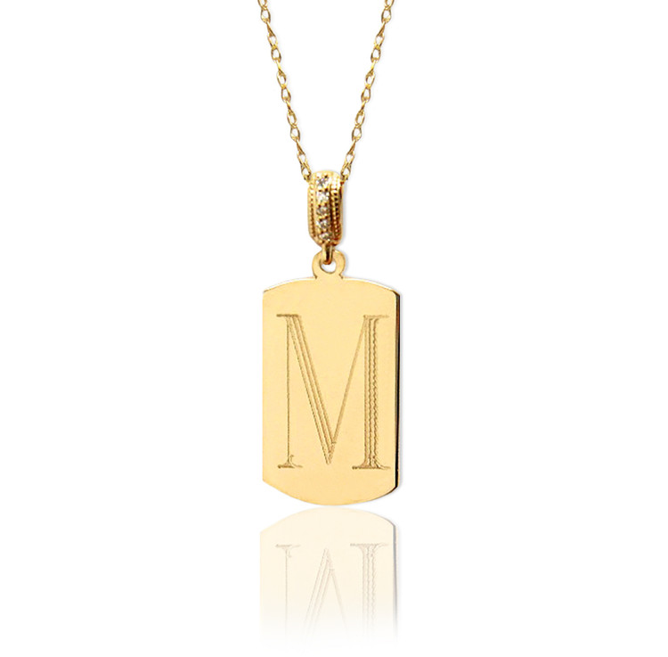14K Gold Block Initial Dogtag With Diamond Bale