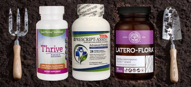Get The Best Soil-Based Probiotics From Nourishing World Picture of a bottle of Thrive Probiotics, Prescript-Assist Probiotics and LateroFlora Probiotics on a dirt background with garden tools on boths sides to look like a fork and spoon.