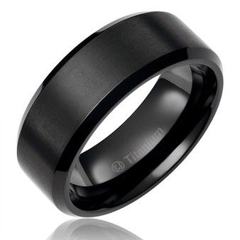 Black Enamel Titanium Ring Brushed Center Beveled Edge 8mm Black Enamel Titanium Ring Brushed Center Beveled Edge 8mm