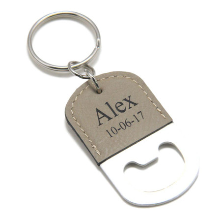 personalized light brown leatherette bottle opener keychain