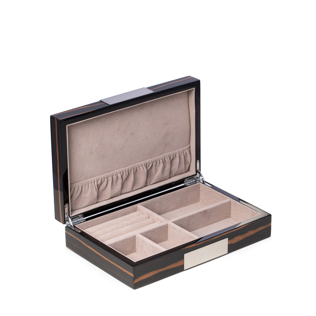 Personalized Ebony Burl Wood Valet Box with Stainless Steel Accents