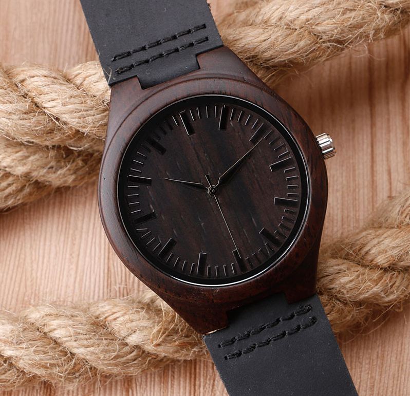 Personalized Black Bamboo Wood Watch with Genuine Black ...