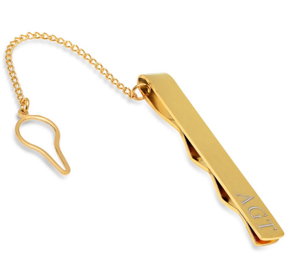 Stainless Steel Bar Tie Clip with Chain Free Engraving