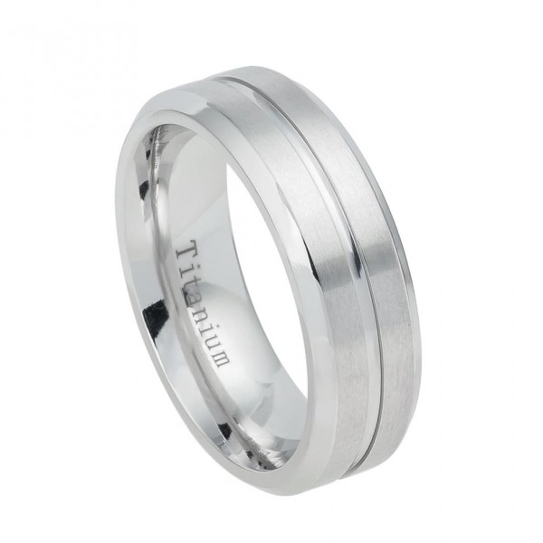 White Titanium Ring Domed Brushed Center Step Edge - 7mm - ForeverGifts.com