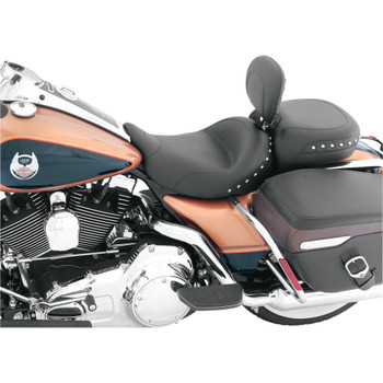Mustang Standard Touring Seat w/ Driver Backrest for 2008-2018 Harley Touring - Chrome Studded Mustang Standard Touring Seat w/ Driver Backrest for 2008-2018 Harley Touring - Chrome Studded