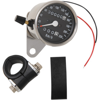 Drag Specialties 2.4" Mini 2:1 Ratio Mechanical 220KMH Speedometer with Black Face and Tripmeter - Chrome Drag Specialties 2.4" Mini 2:1 Ratio Mechanical 220KMH Speedometer with Black Face and Tripmeter - Chrome