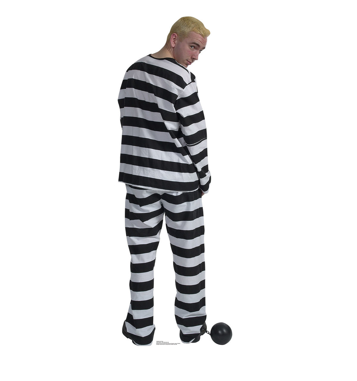 life size prisoner in striped suit with ball and chain cardboard