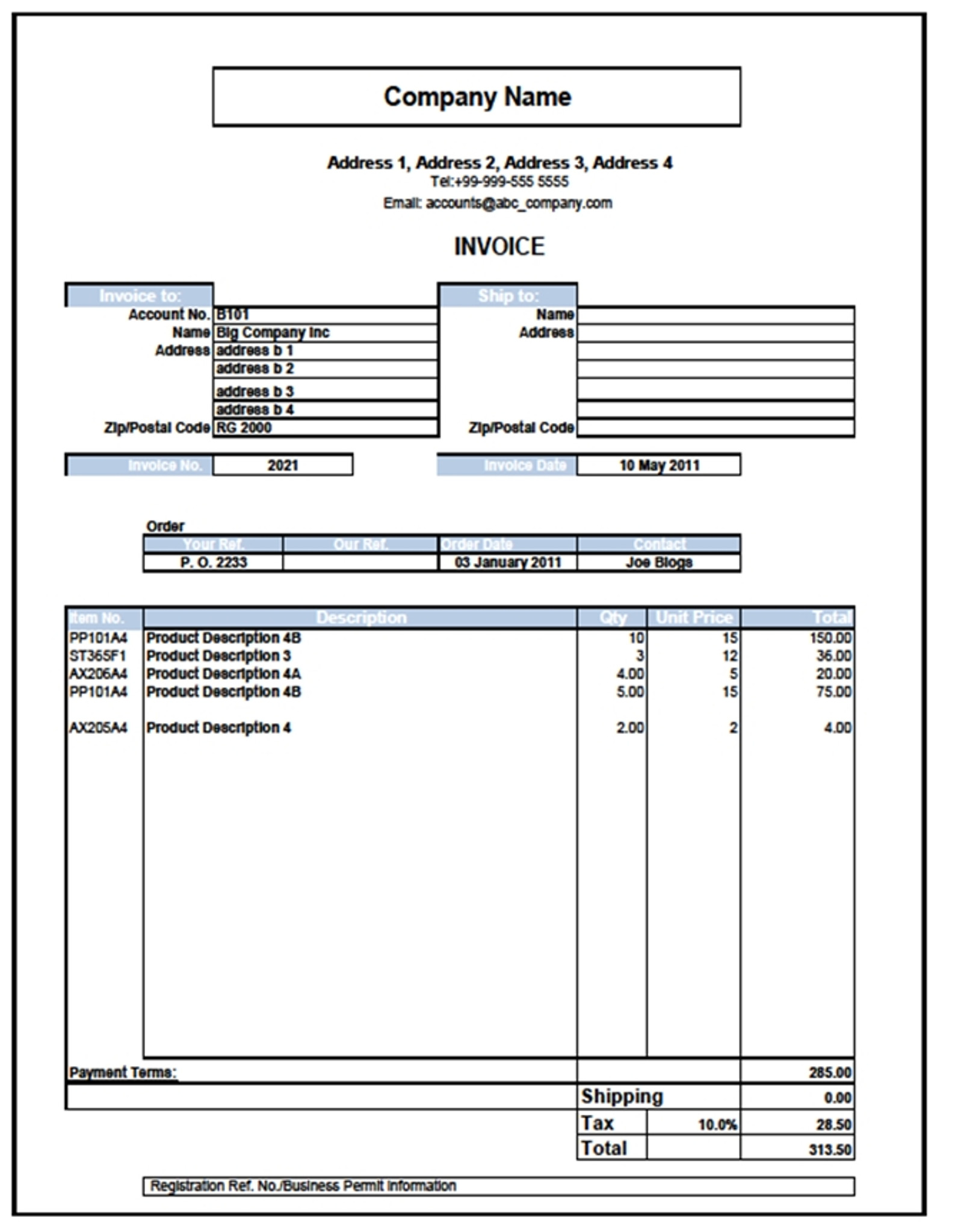 commercial invoice export template xls