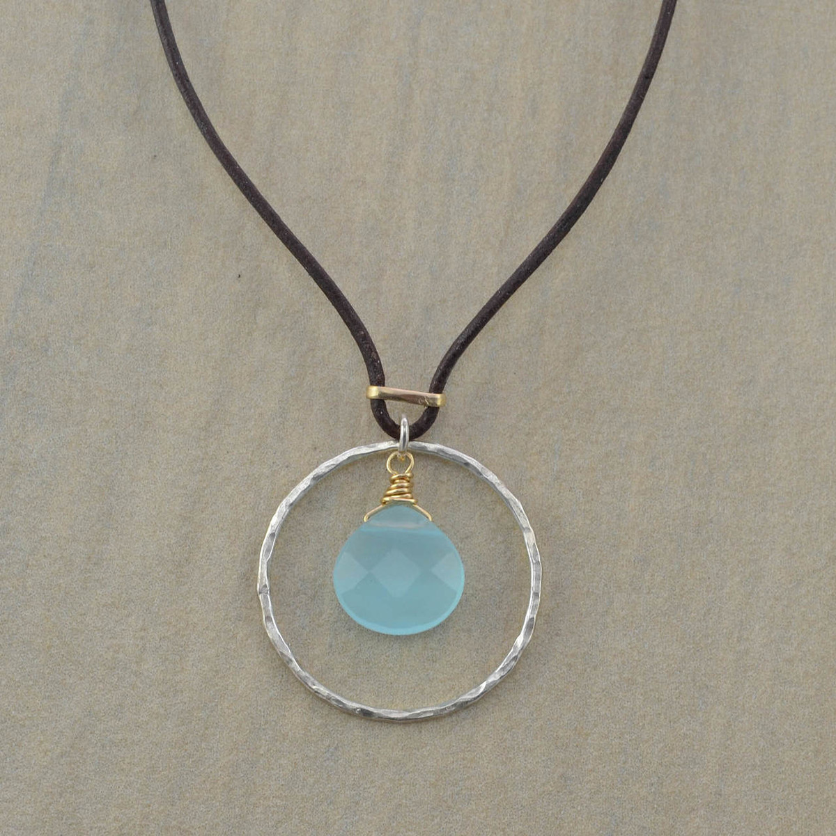 Sterling Circled Chalcedony Handmade Leather Necklace - Plumb Line