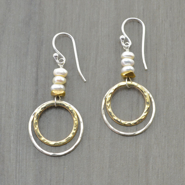 Unique handmade sun and moon earrings made with double hoop and freshwater pearls: view 1