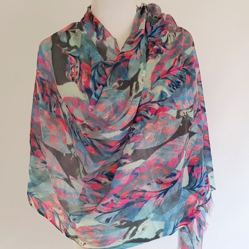 Healing Shawl - pink / blue leaves - wool and silk