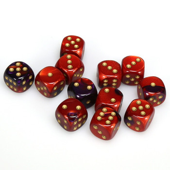Set of 12 Gemini d6 dice - Purple and red with gold spots Set of 12 Gemini d6 dice - Purple and red with gold spots