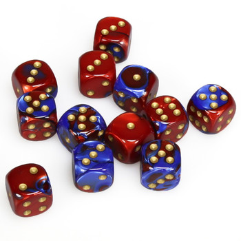 Set of 12 Gemini d6 dice - Blue and red with gold spots Set of 12 Gemini d6 dice - Blue and red with gold spots