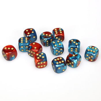 Set of 12 Gemini d6 dice - Red and teal with gold spots Set of 12 Gemini d6 dice - Red and teal with gold spots