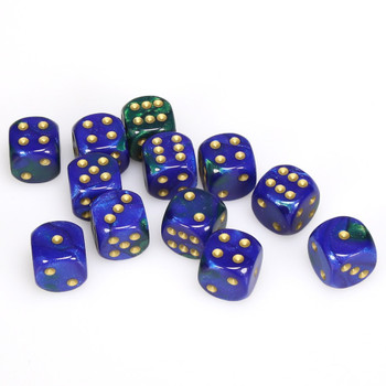 Set of 12 Gemini d6 dice - Blue and green with gold spots Set of 12 Gemini d6 dice - Blue and green with gold spots