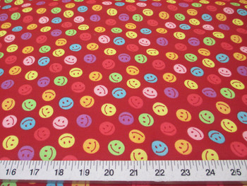 Discount Fabric Quilting Cotton Multi Colored Happy Smiley Faces on Red 300K Discount Fabric Quilting Cotton Multi Colored Happy Smiley Faces on Red 300K