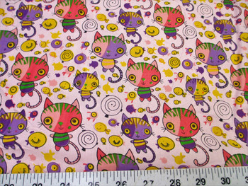 Discount Fabric Cotton Apparel Pink, Purple and Yellow Cats and Fish 400K Discount Fabric Cotton Apparel Pink, Purple and Yellow Cats and Fish 400K