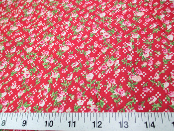 Discount Fabric Cotton Apparel Pink, Peach and Green Floral on Red 407K Discount Fabric Cotton Apparel Pink, Peach and Green Floral on Red 407K