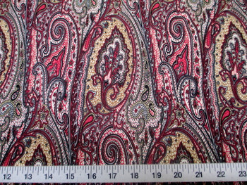Discount Fabric Printed Lycra Spandex Stretch Paisley Pink, Black and Tan 201D Discount Fabric Printed Lycra Spandex Stretch Paisley Pink, Black and Tan 201D