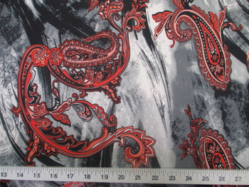 Discount Fabric Printed Lycra Spandex Stretch Red Paisly on Storm Cloud 402A Discount Fabric Printed Lycra Spandex Stretch Red Paisly on Storm Cloud 402A