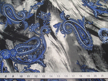 Discount Fabric Printed Lycra Spandex Stretch Blue Paisly Storm Clouds 400A Discount Fabric Printed Lycra Spandex Stretch Blue Paisly Storm Clouds 400A