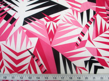 Discount Fabric Printed Lycra Spandex Stretch Pink Black Bamboo Leaves 302A Discount Fabric Printed Lycra Spandex Stretch Pink Black Bamboo Leaves 302A