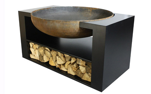 Albion Contemporary Metal Wood Burning Fire Pit- As shown 11 gauge natural rust steel 36" fire bowl and flat black powder coated base compartment. (Side View) Albion Contemporary Metal Wood Burning Fire Pit- As shown 11 gauge natural rust steel 36" fire bowl and flat black powder coated base compartment. (Side View)