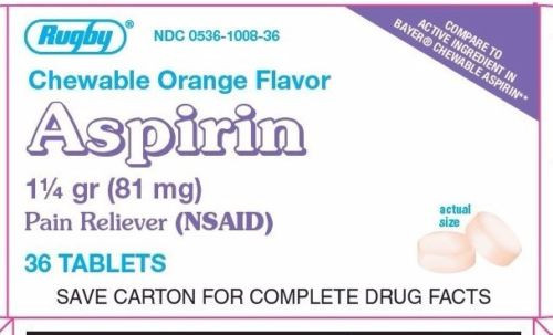 Rugby Aspirin 81 mg Pain Reliver Chewable Orange Flavor 36 Tablets