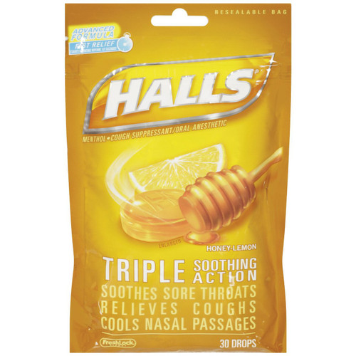 Halls Drops, Honey-Lemon, 30-Count