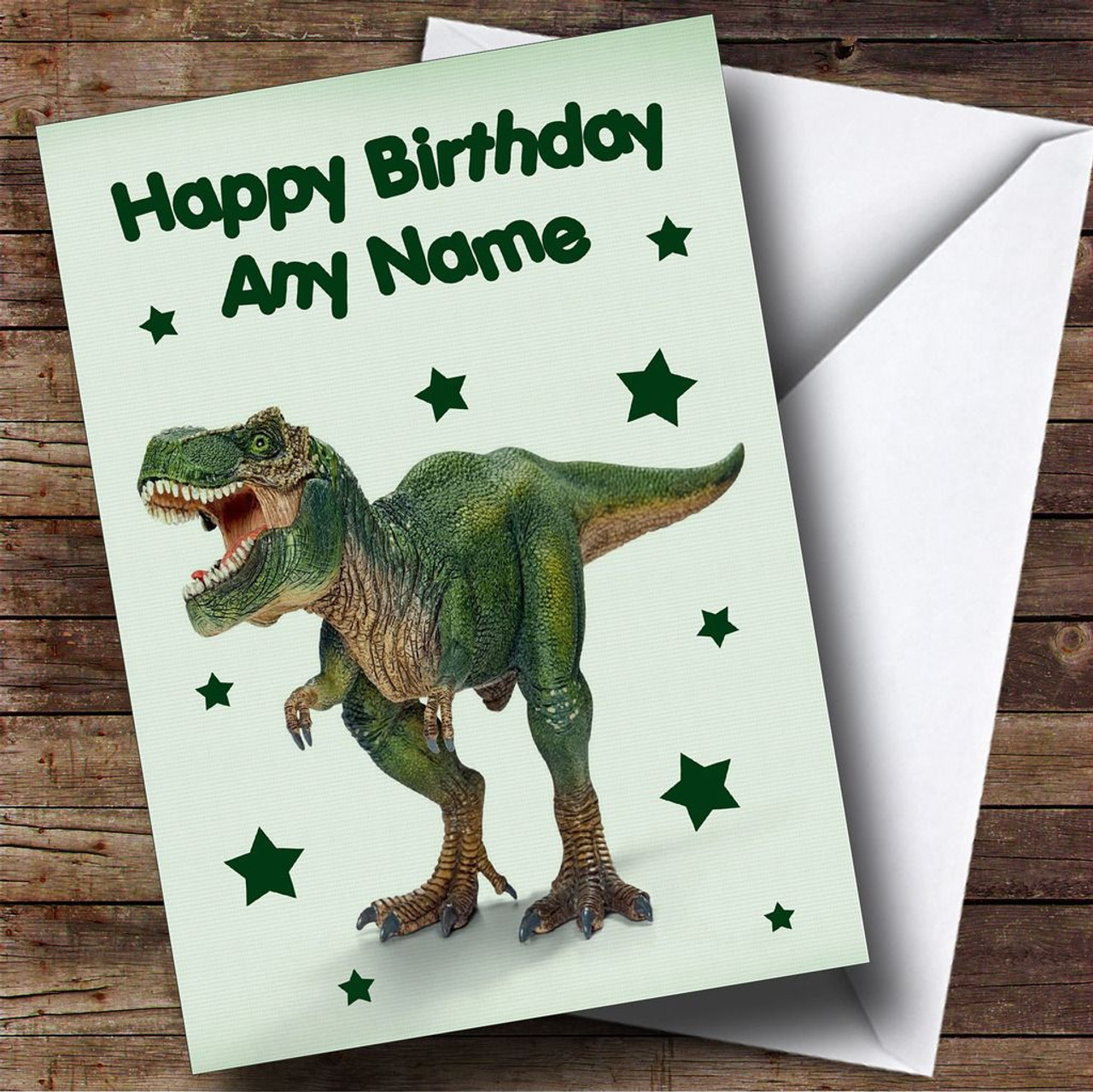 Scary Green T Rex Dinosaur Personalised Children's Birthday Card The