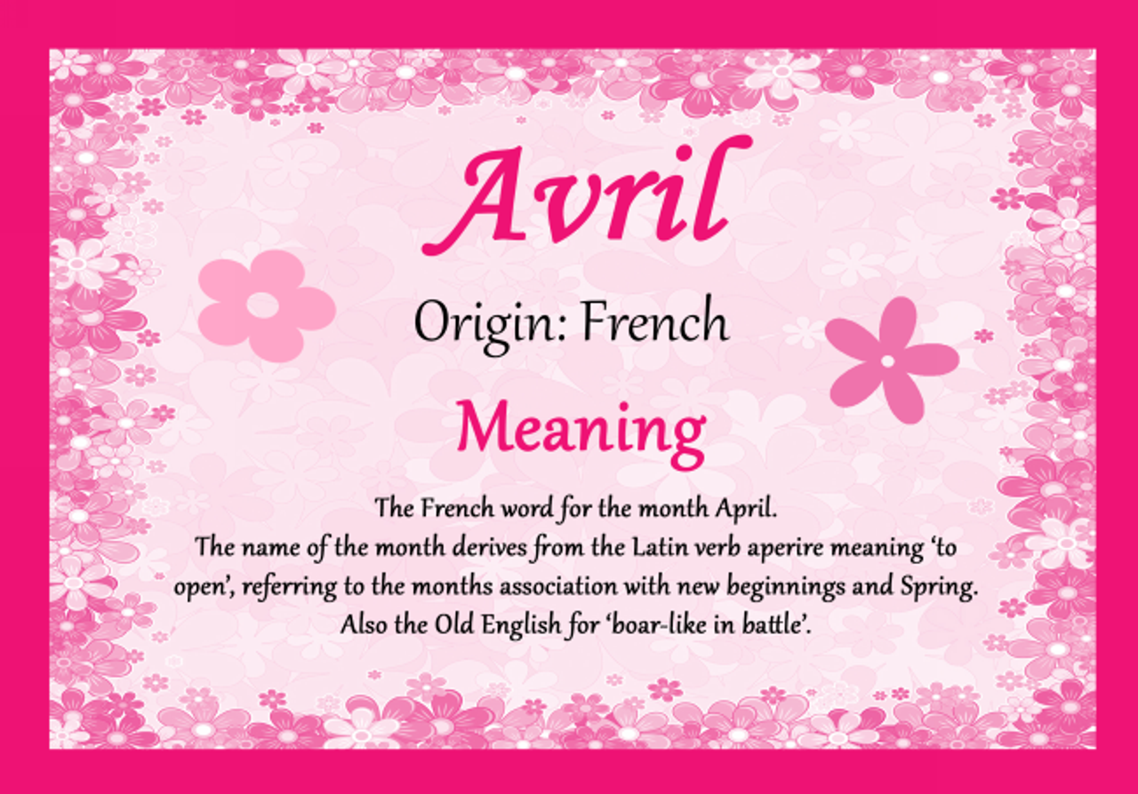 Avril Personalised Name Meaning Certificate The Card Zoo
