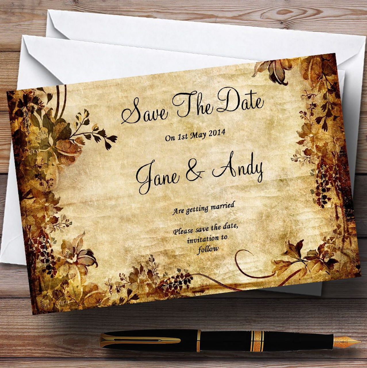 autumn colours vintage personalised wedding save the date cards