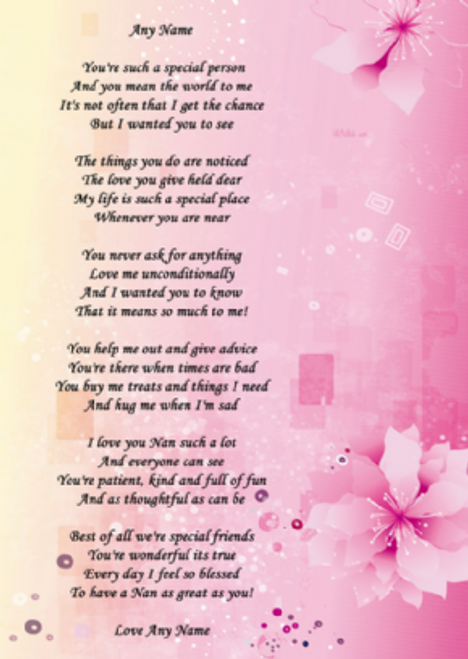 pink flowers nan poem award personalised certificate the size invitation card