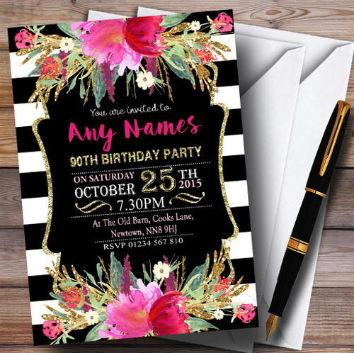 Pink Black & White Striped Floral 90th Personalised Birthday Party Invitations Pink Black & White Striped Floral 90th Personalised Birthday Party Invitations