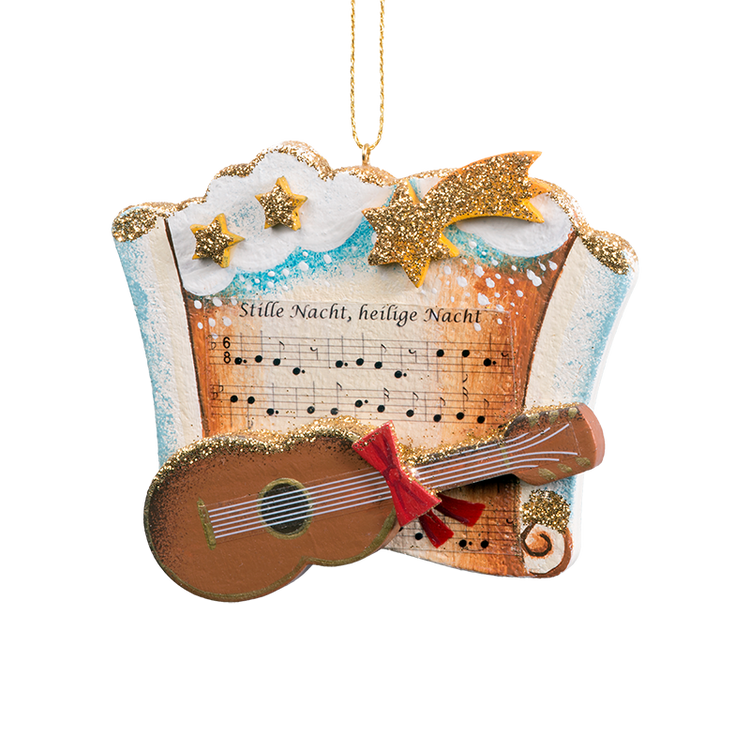 Silent Night Music with Guitar Wood Ornament
