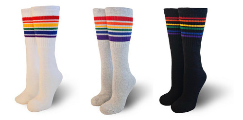 Why hold yourself back with one pair of pride socks when you can have 3 pairs of rainbow striped tube socks. Rock the pride socks when roller skating, disco dancing, being fashionable, or while playing kick ball. Own the look.