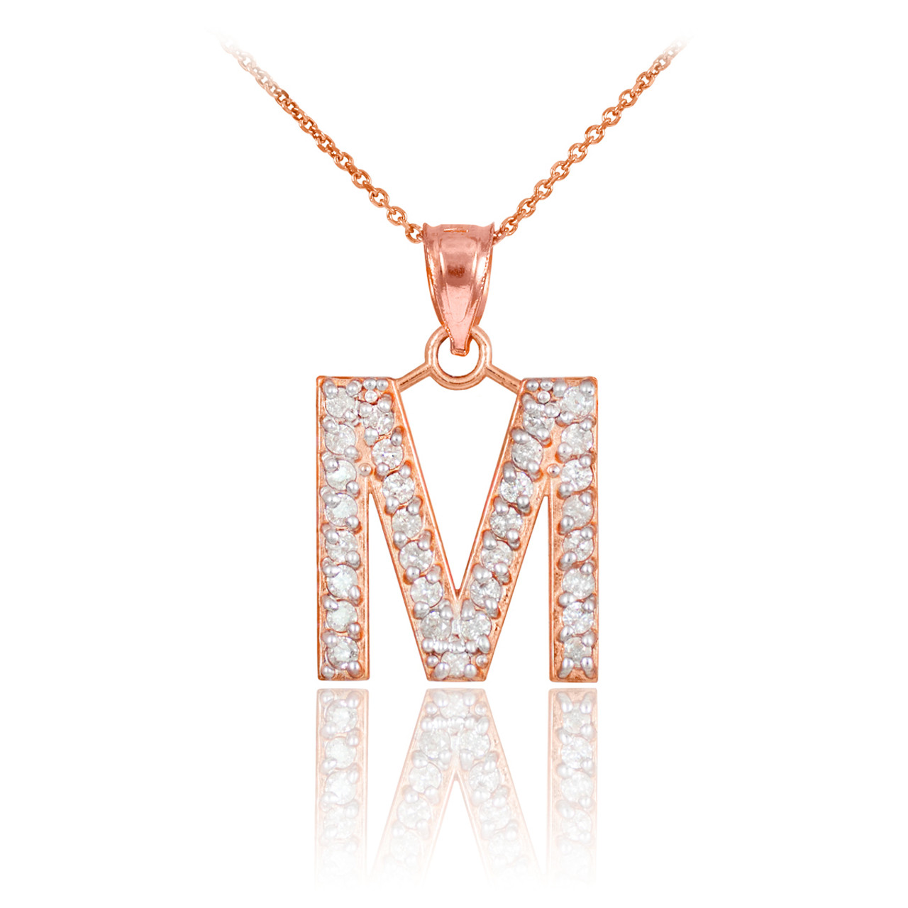 Rose Gold Letter &quot;M&quot; Initial Diamond Monogram Pendant Necklace
