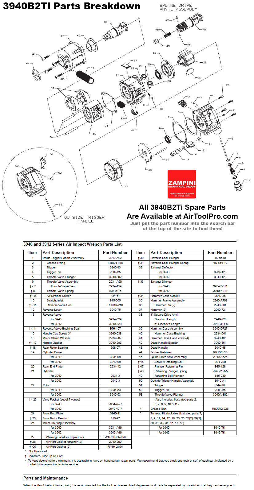 Ingersoll Rand 3940B2Ti Parts Breakdown and Parts List at AirToolPro.com