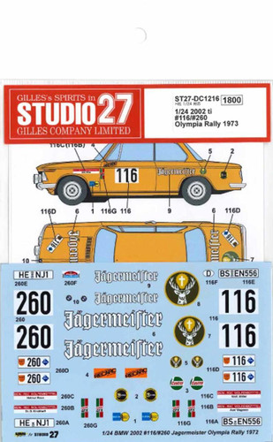 Studio27 ST27-DC1216 2002 ti #116/#260 "Jagermeister" Olympia Rally 1973 Decal for Hasegawa 1/24 Scale