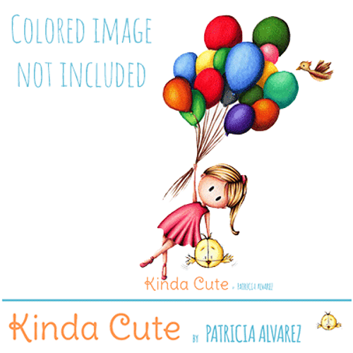 girl and balloons digital stamp black and white only colored only for reference