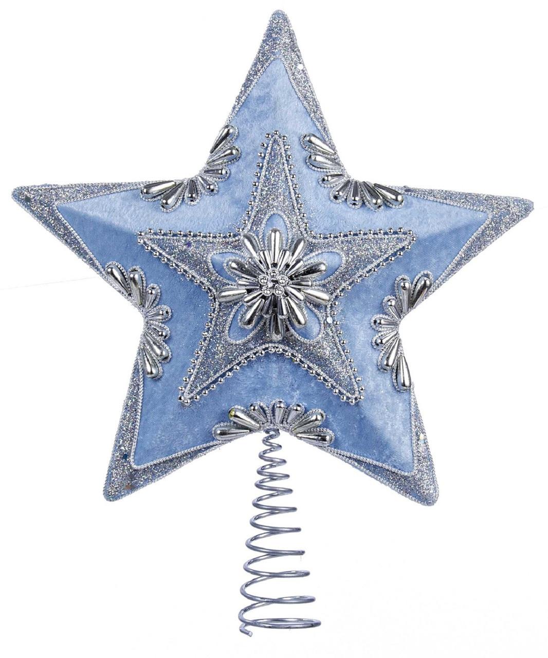 Blue and Silver Beaded Star Tree Topper Christmas Holiday 13.5 Inch