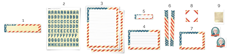 Diagram of American Revolution kit included pieces all of the types of pieces included in the American Revolution printable kit