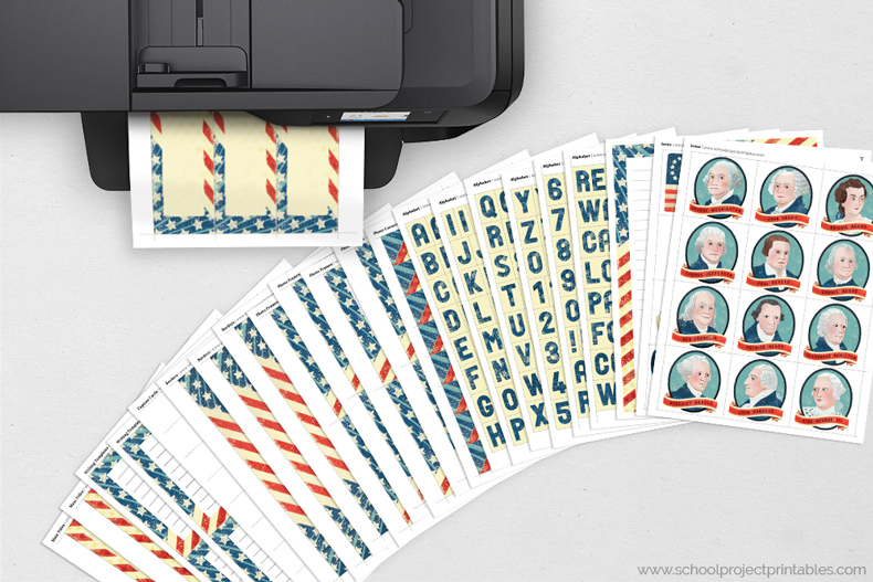 American Revolution kit can be printed at home on regular copy paper American Revolution kit page coming out of a printer, all pages shown on table