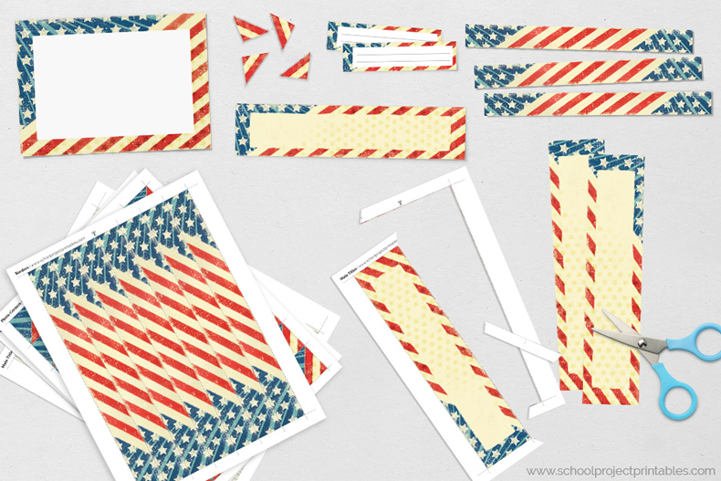 American Revolution kit print at home and cut out pieces Pieces in kit being cut out on a table